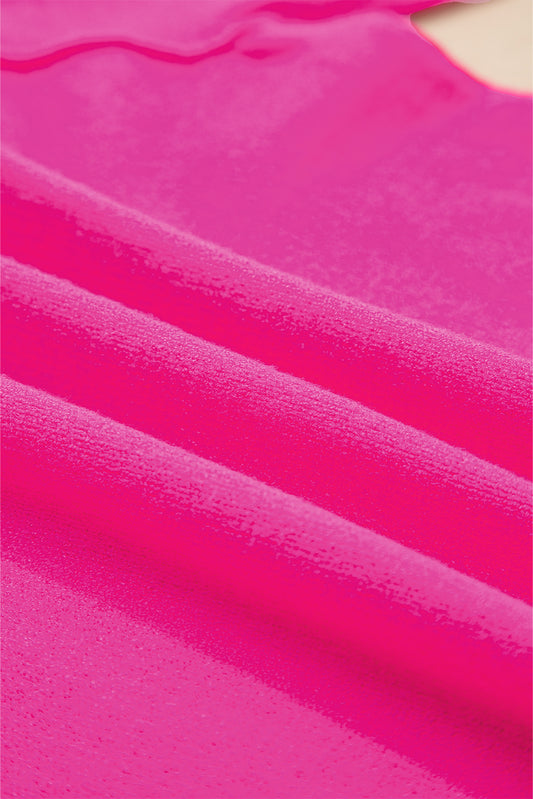 Bright Pink XOXO Embroidered Graphic Valentines Contrast Trim Crew Neck Short Puff Sleeve Sweater Tee