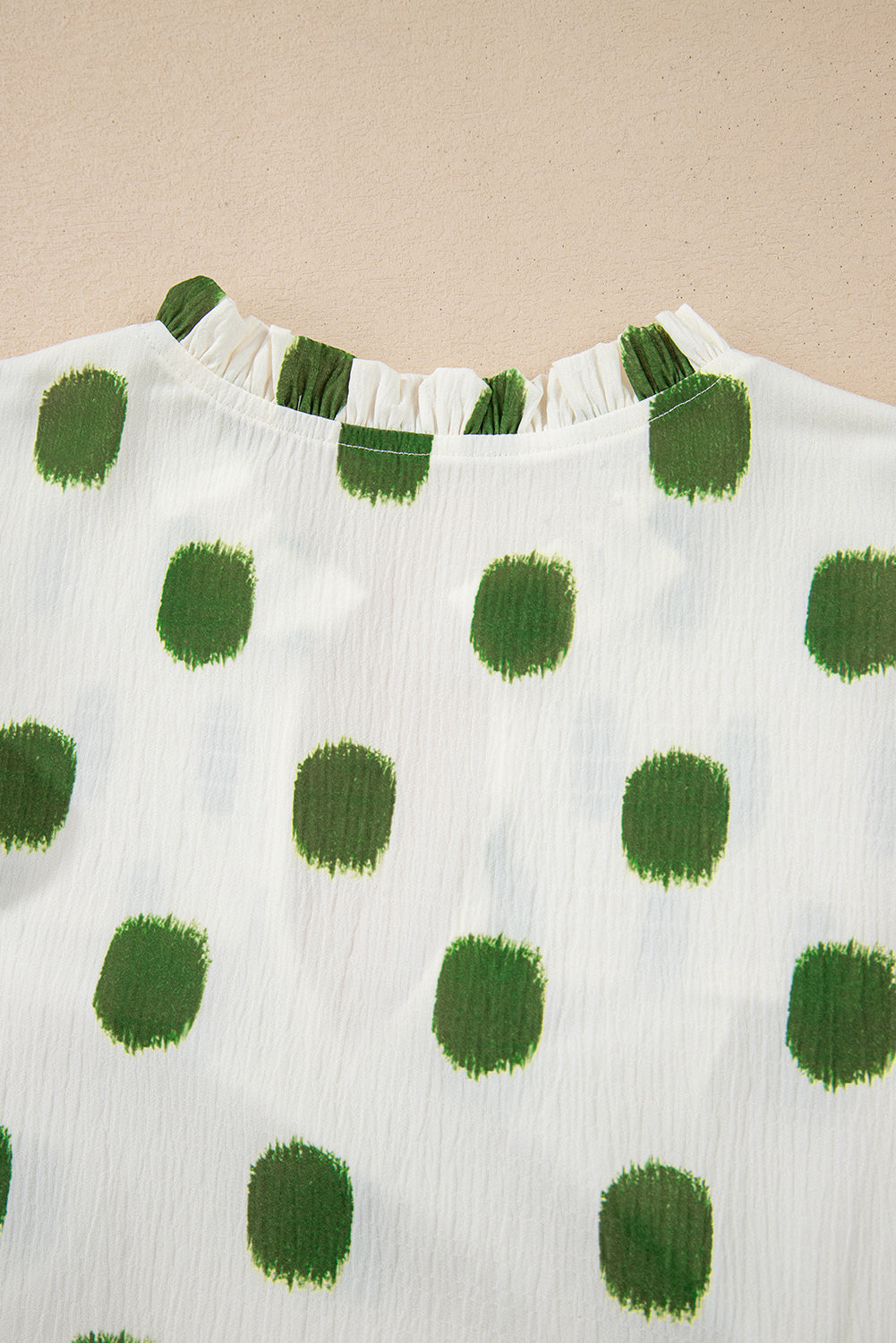 Rose Polka Dot Print Shirred Notched Neck Puff Sleeve Blouse