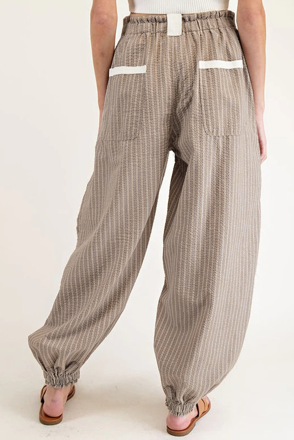 Brown Striped Pocket Knot Detail Lantern Pants