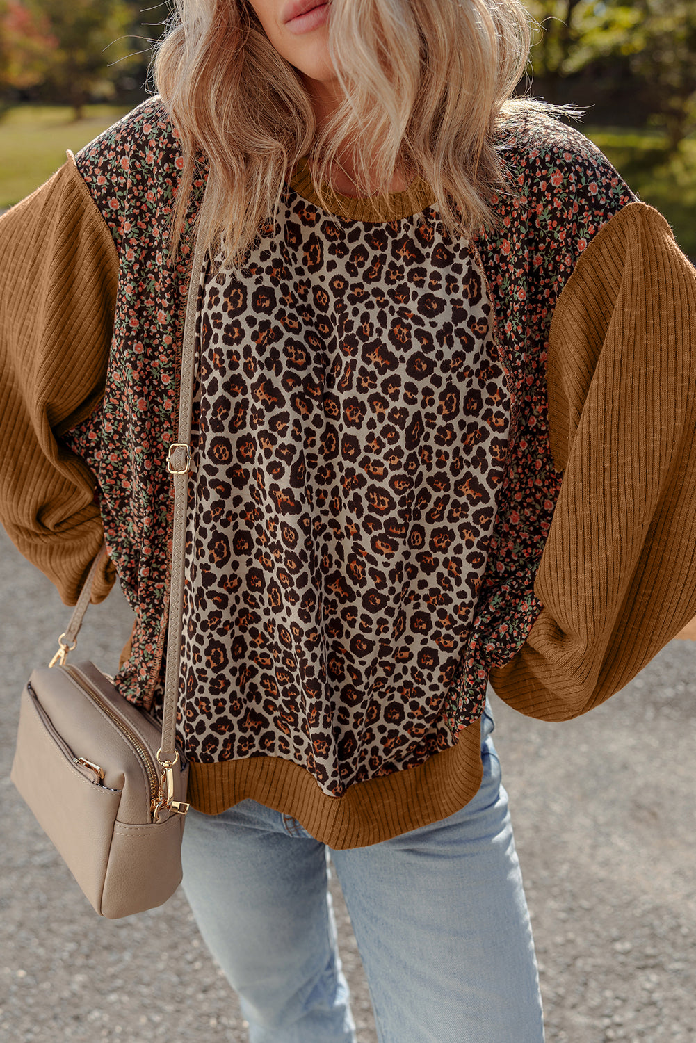 Brown Leopard Floral Print Ribbed Patchwork Puff Sleeve Loose Pullover