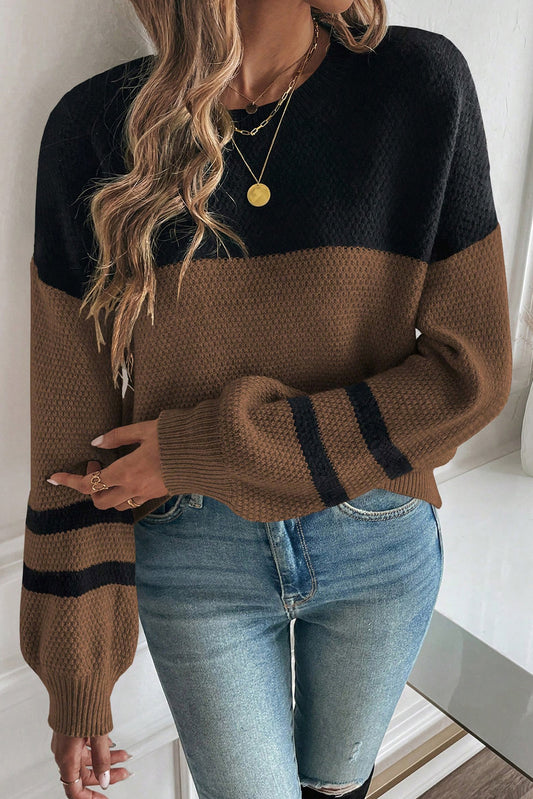 Dark Brown Colorblock Striped Sleeve Detail Knit Sweater