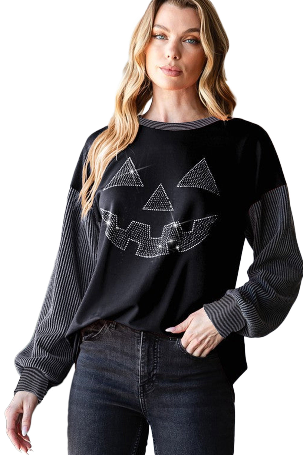 Black Halloween Rhinestone Pumpkin Contrast Ribbed Patchwork Top