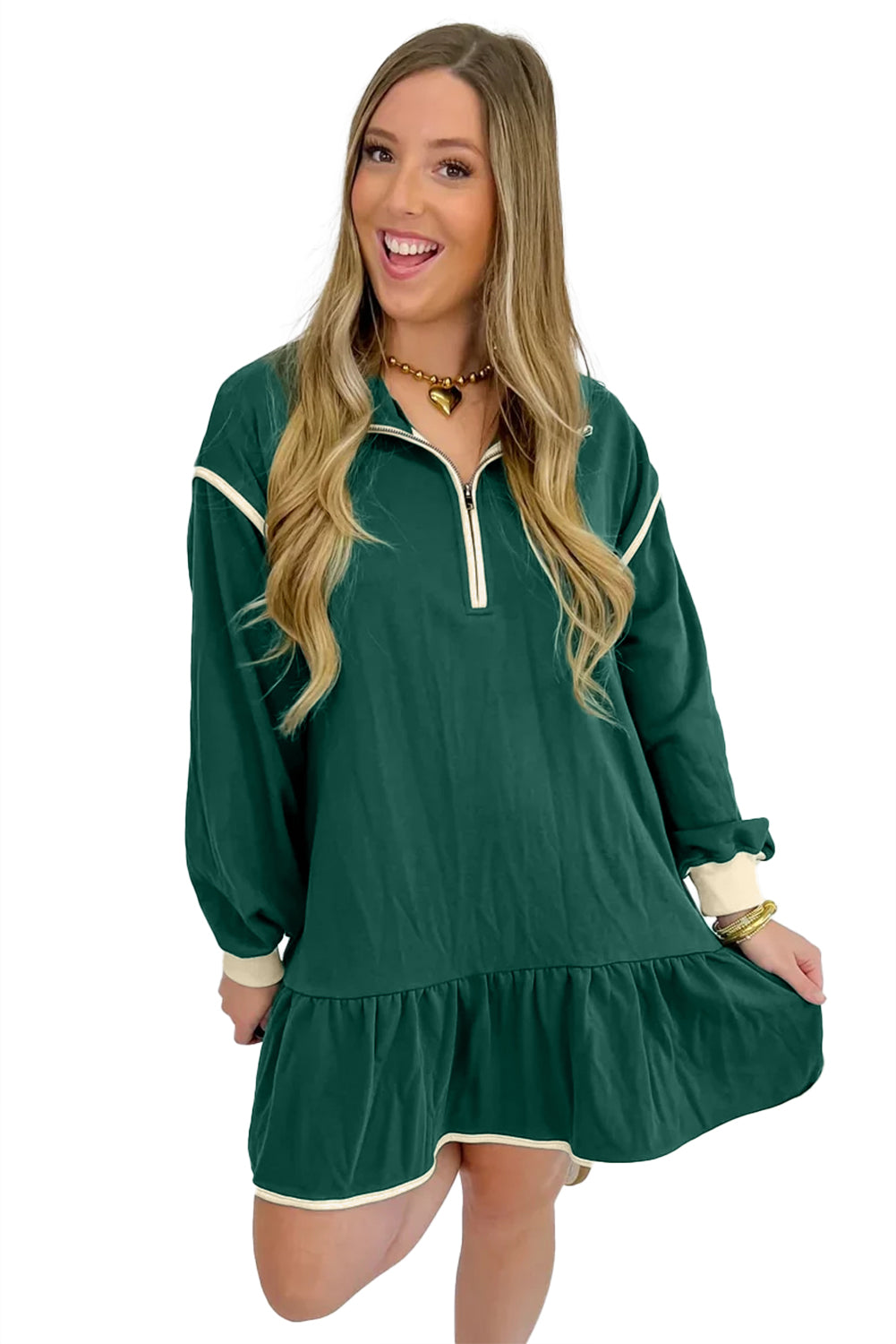 Evergreen Contrast Trim Zip Collar Long Sleeve Ruffle Hem Mini Dress