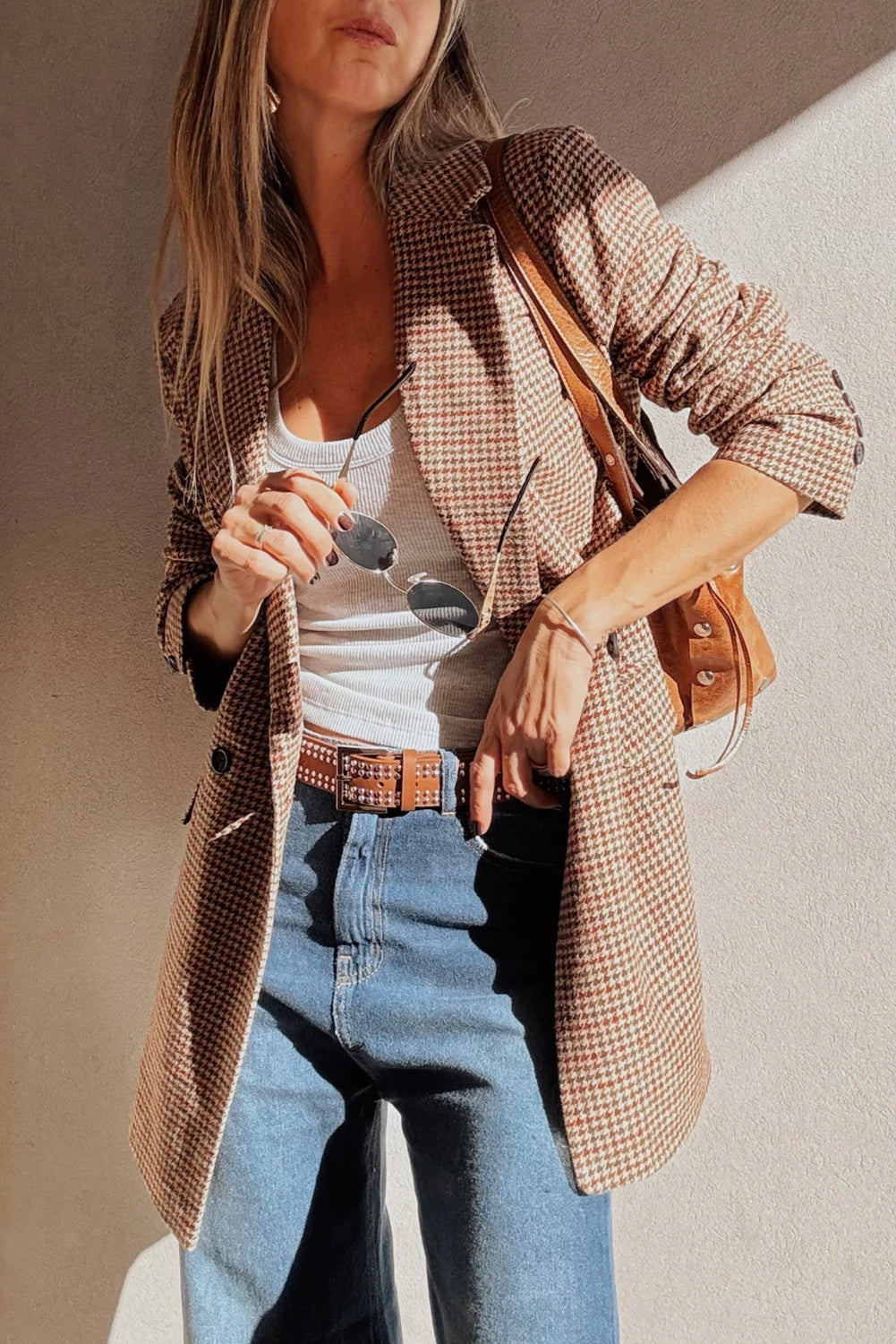 Brown Houndstooth Lapel Collar Blazer