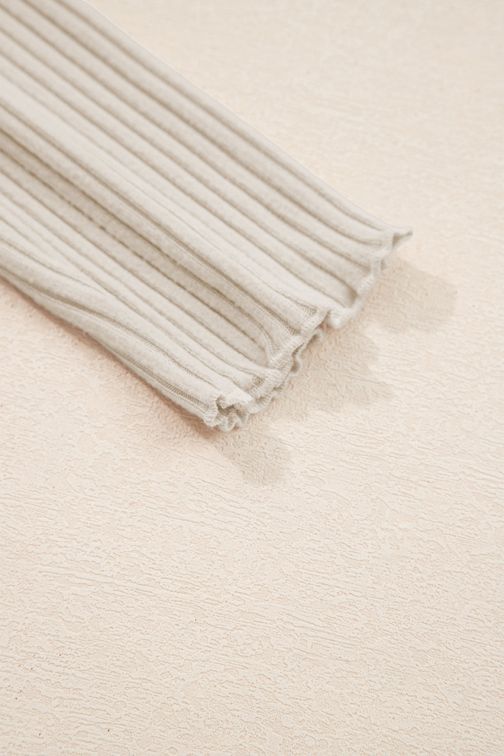 Beige Lace Neckline Button Decor Lettuce Edge Long Sleeve Ribbed Top