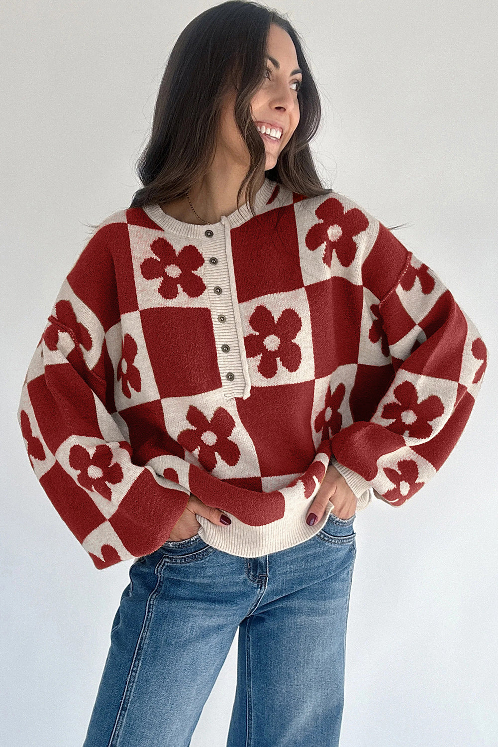 Red Dahlia Flower Colorblock Checkered Henley Sweater