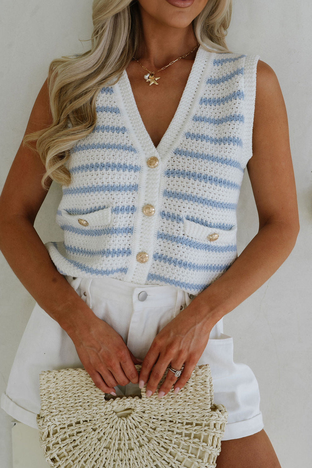 Pink Striped V Neck Button Knit Vest