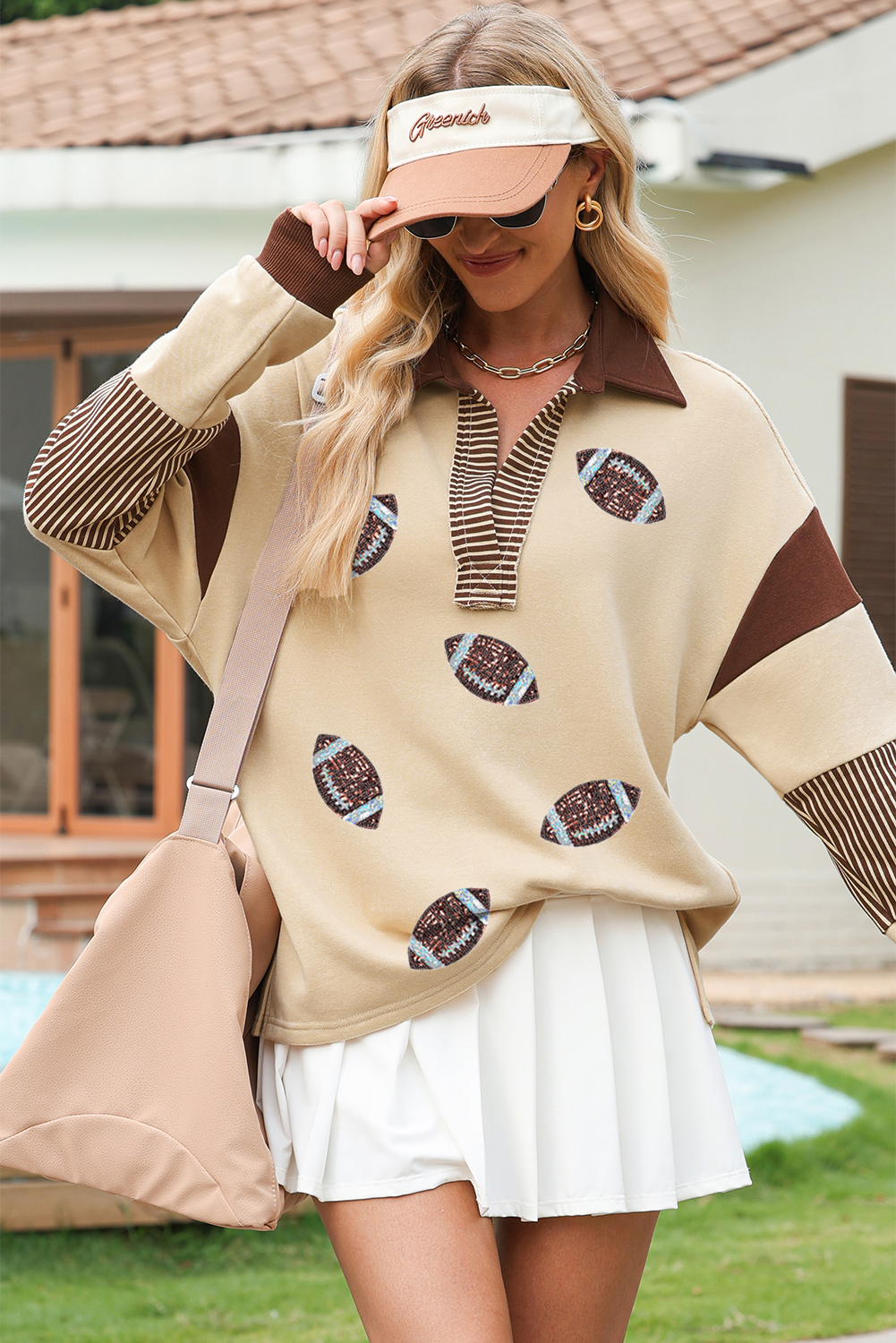 Light French Beige Football Sequins Patch Application Striped Patchwork Polo Sweatshirt