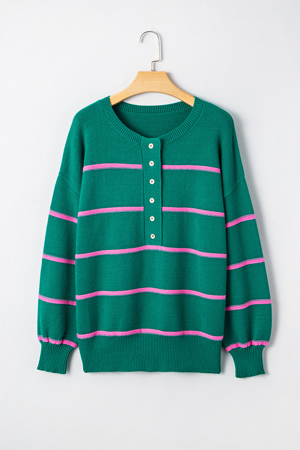 Green Striped Half Button Drop Shoulder Oversized Sweater