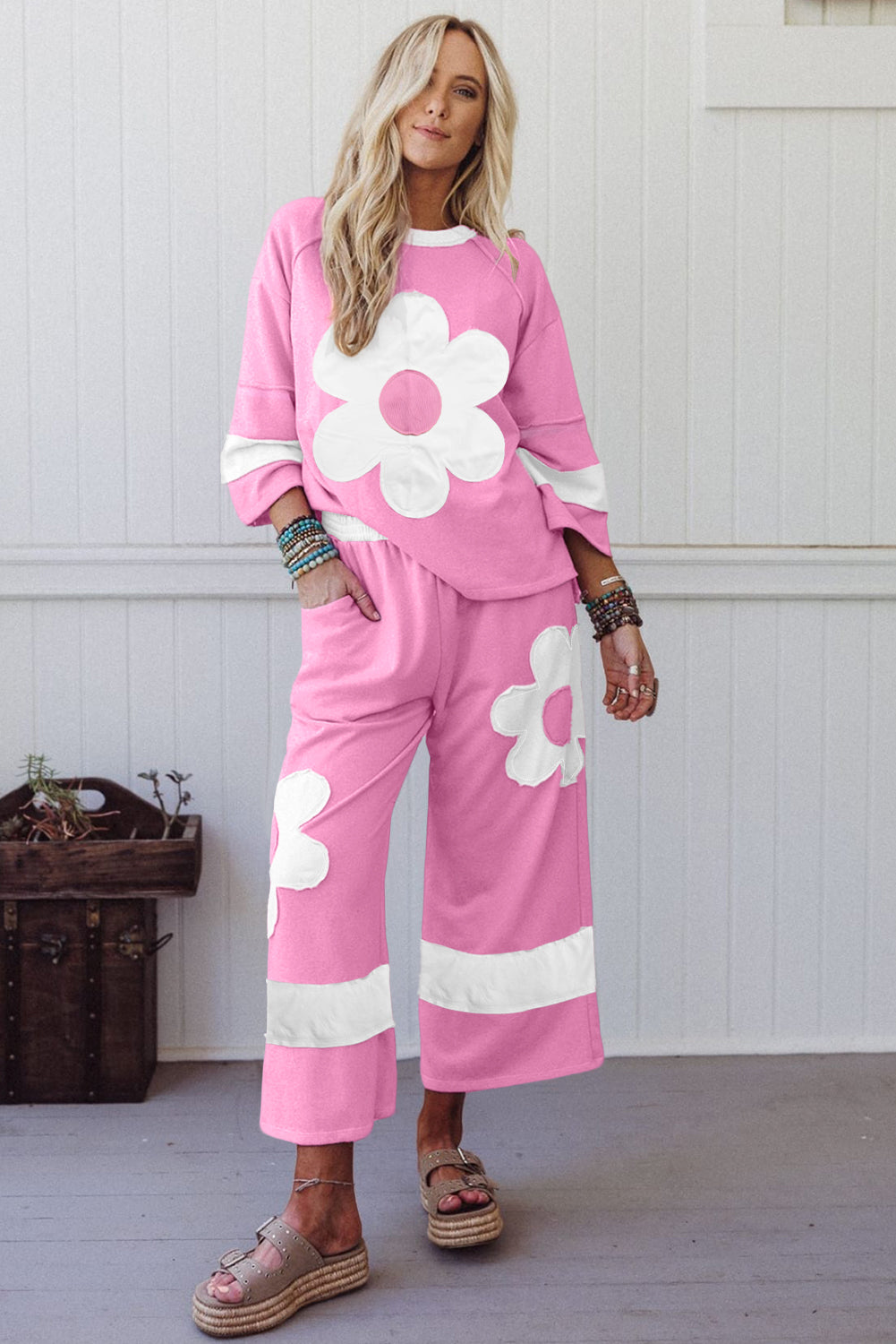 Orchid Bouquet Flower Patched Raw Seam Colorblock Loose Pants Set