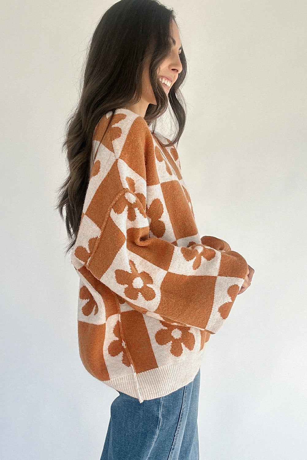 Thai Curry Flower Colorblock Checkered Henley Sweater