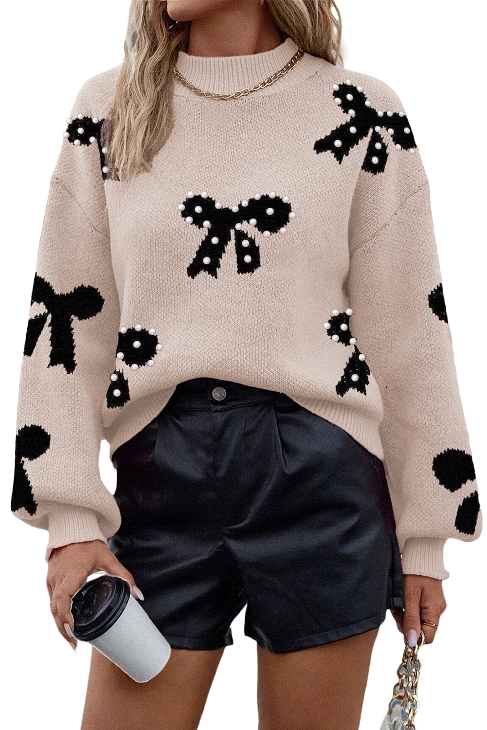 Smoke Gray Pearl Embellished Bow Pattern Loose Sweater