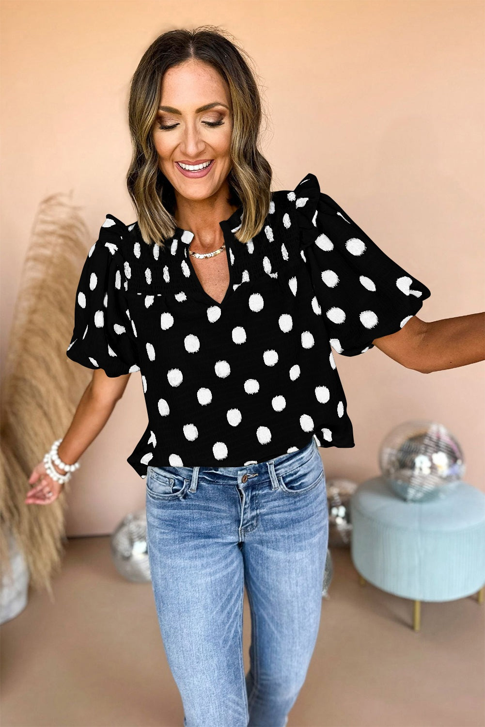 Rose Polka Dot Print Shirred Notched Neck Puff Sleeve Blouse