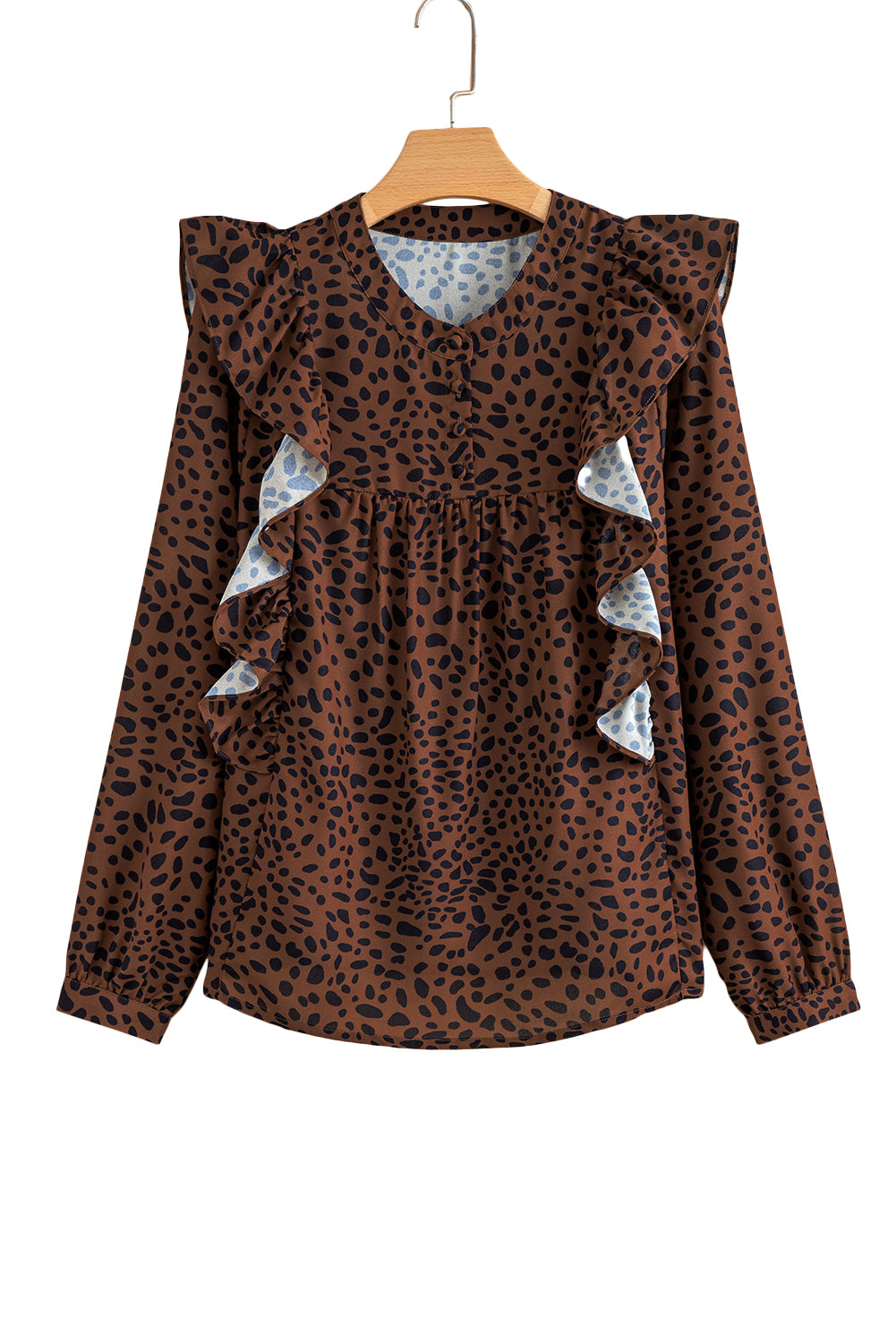 Brown Leopard Print Ruffle Puff Sleeve Blouse
