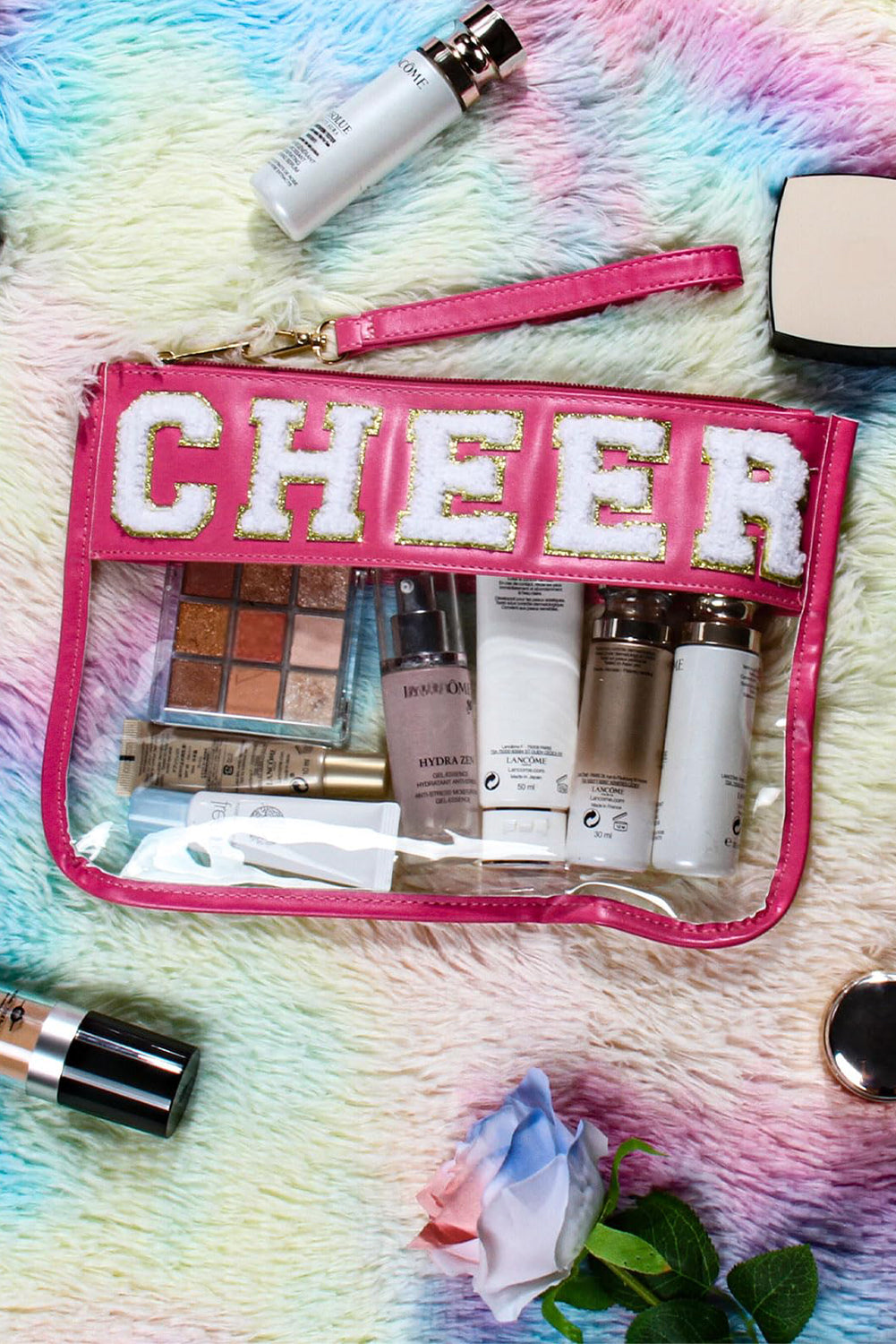 Bright Pink CHEER Chenille Letter Zipper Varsity Clear Makeup Bag