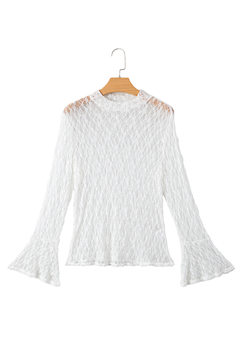 White Sheer Lace Bell Sleeve Mock Neck Blouse