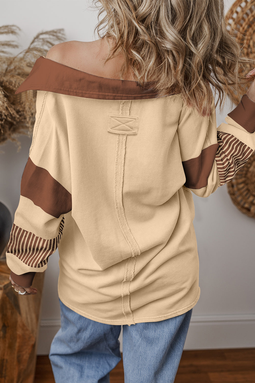 Light French Beige Football Sequins Patch Application Striped Patchwork Polo Sweatshirt