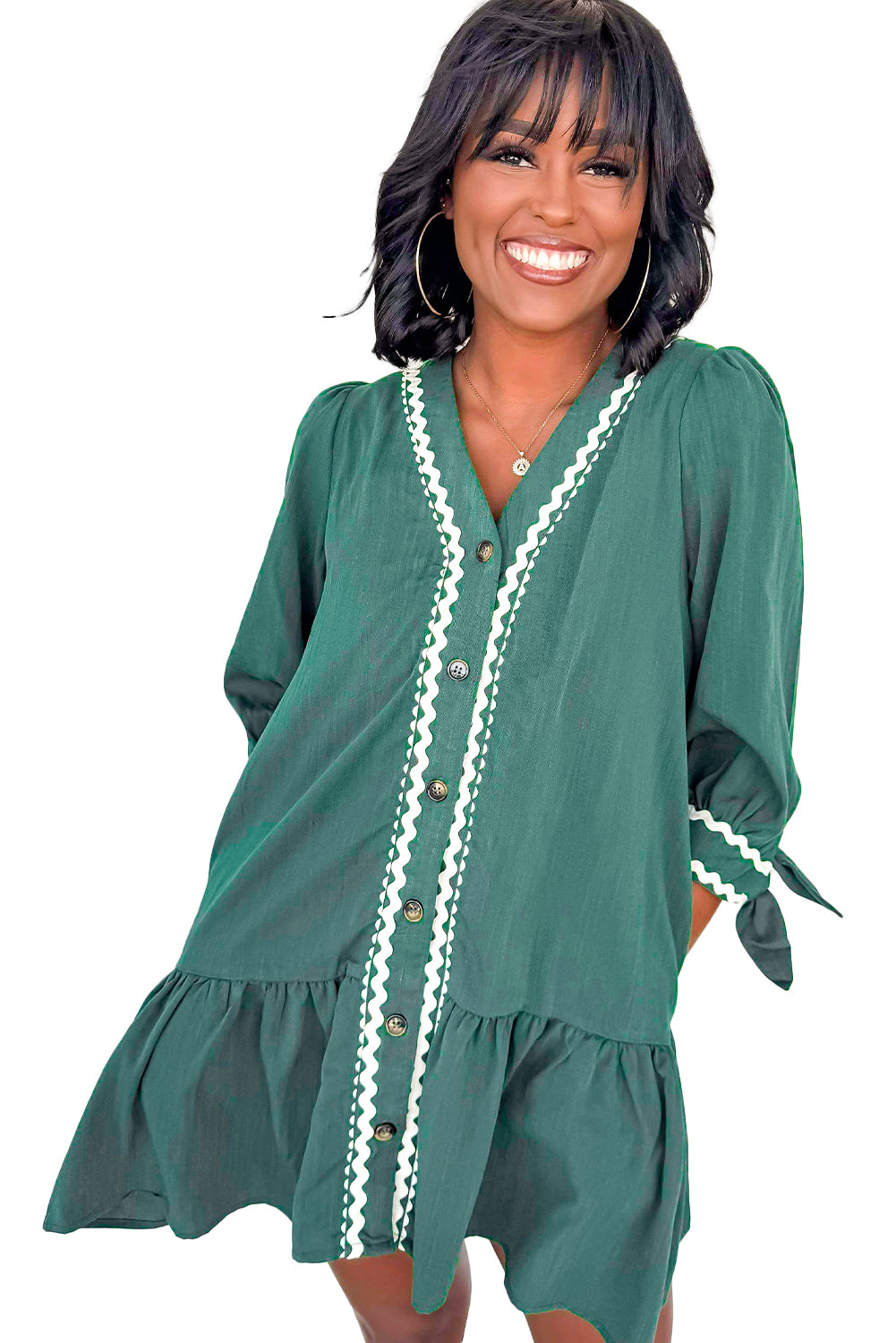 Canton Contrast Ricrac Trim Button V Neck Knotted Bracelet Sleeve Dress