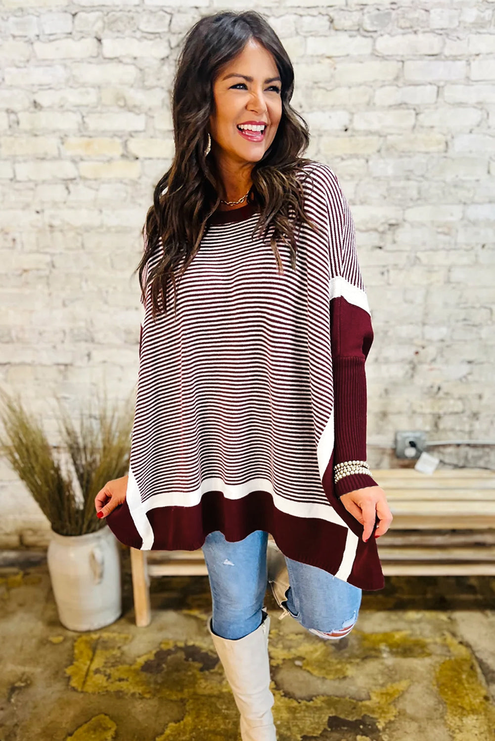 Red Stripe Colorblock Patchwork Dolman Oversize Tunic Sweater