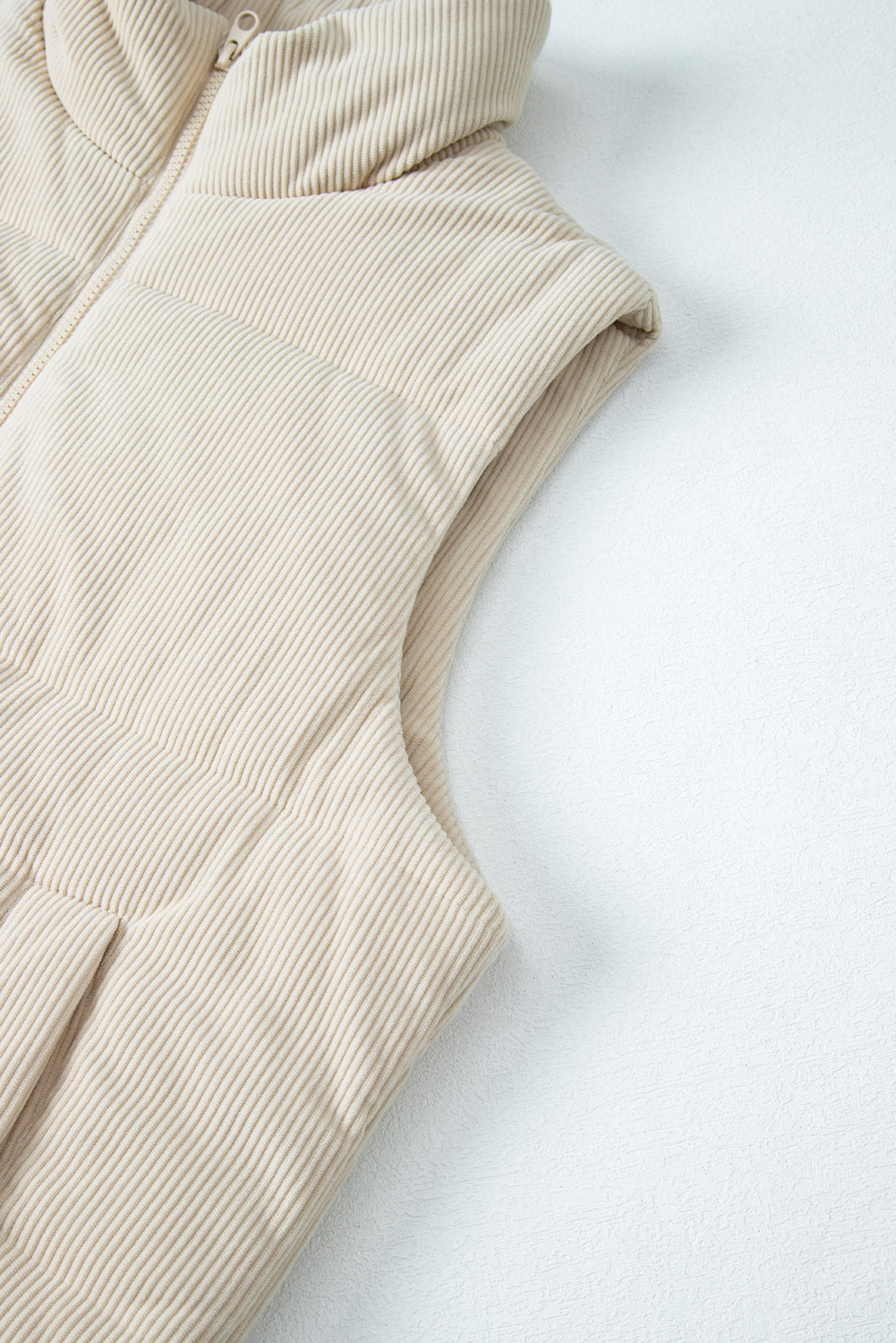Beige Corduroy Stand Neck Zipped Puffer Vest