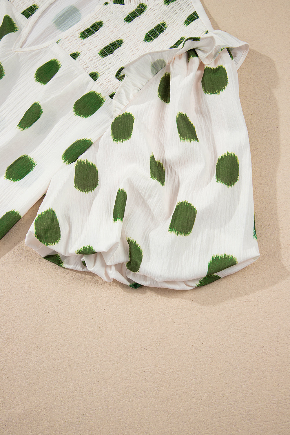 Rose Polka Dot Print Shirred Notched Neck Puff Sleeve Blouse