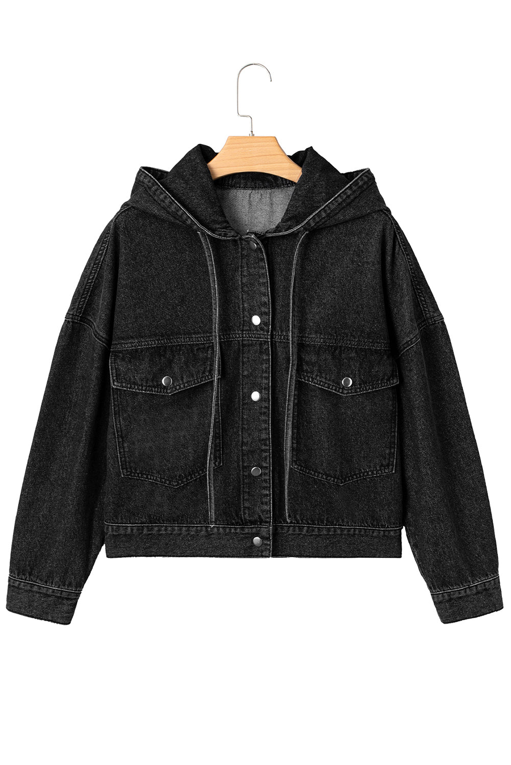 Black Chest Pocket Drop Shoulder Hooded Denim Jacket