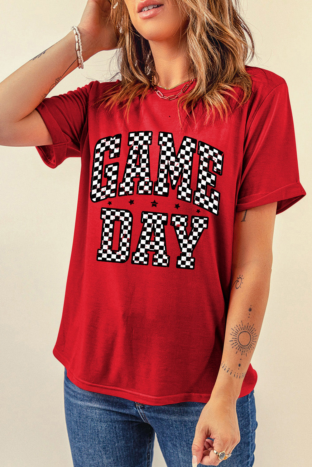 Red Checkered Game Day Heat Transfer Printing Graphic T Shirt