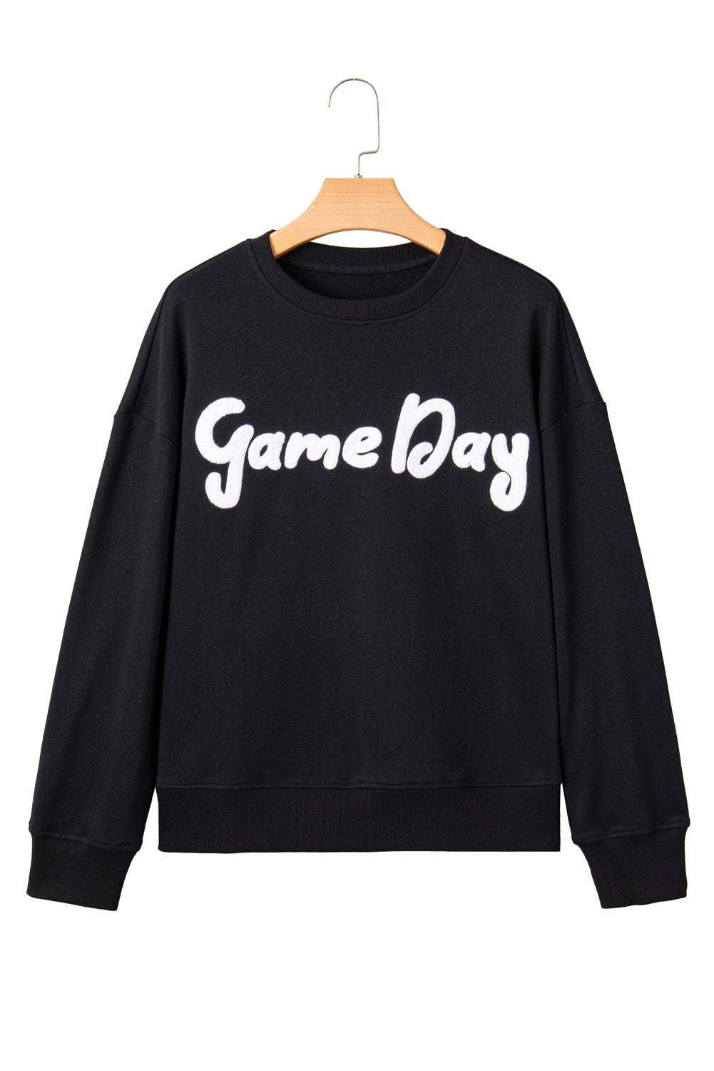 Black Chenille Game Day Letter Patched Drop Shoulder Sweatshirt