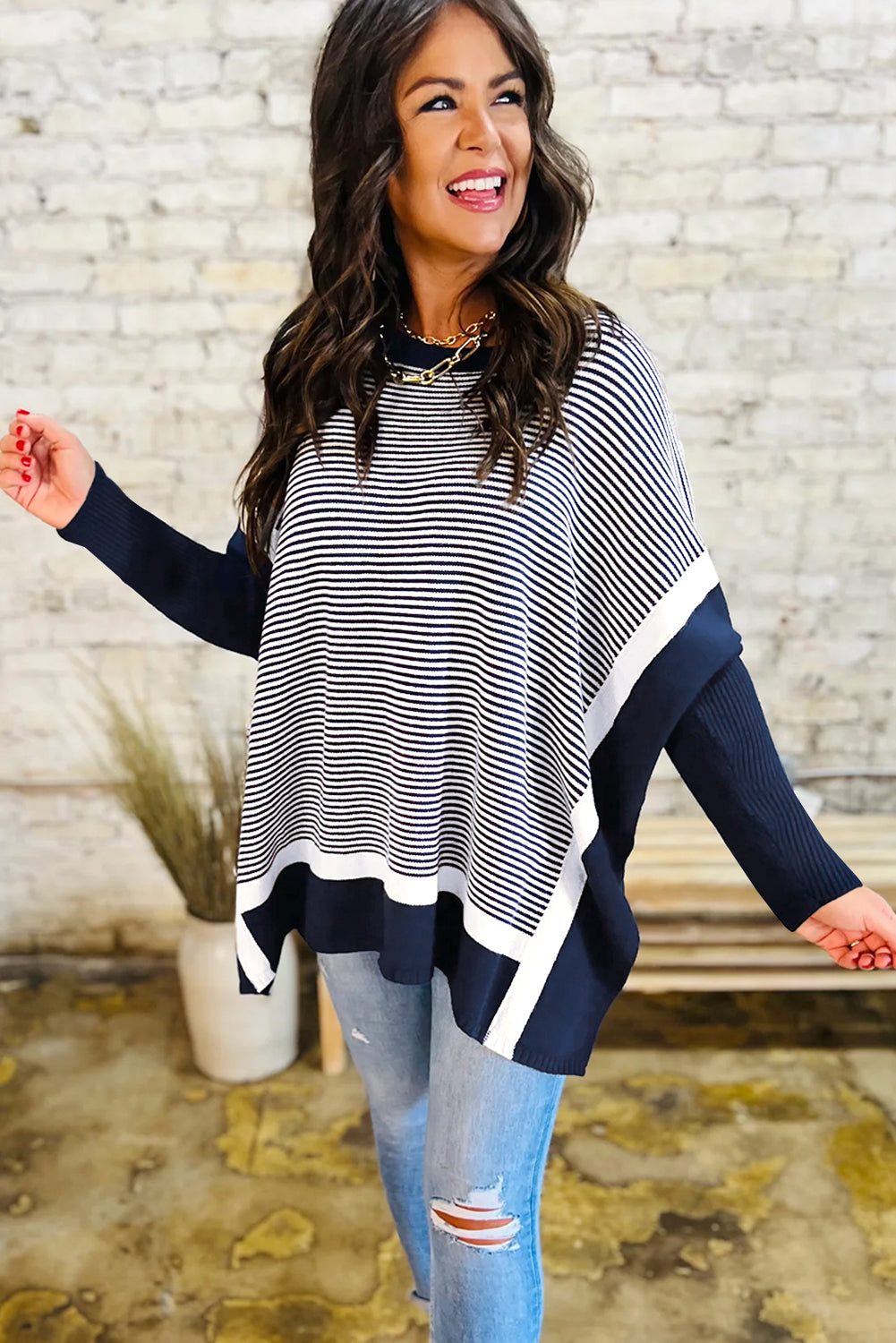 Red Stripe Colorblock Patchwork Dolman Oversize Tunic Sweater