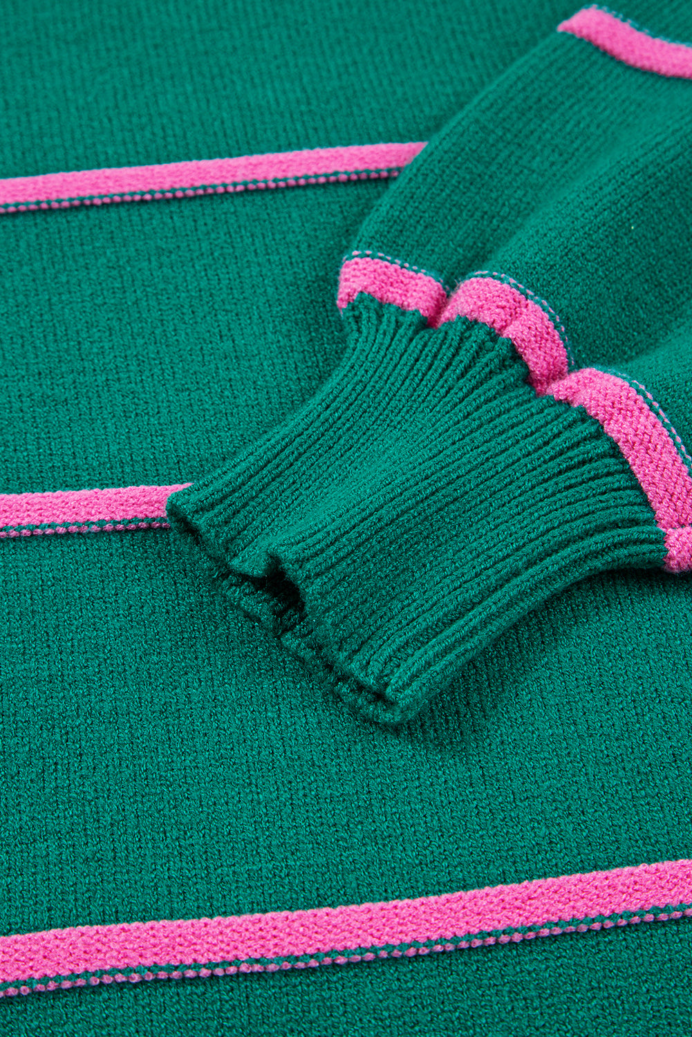 Green Striped Half Button Drop Shoulder Oversized Sweater