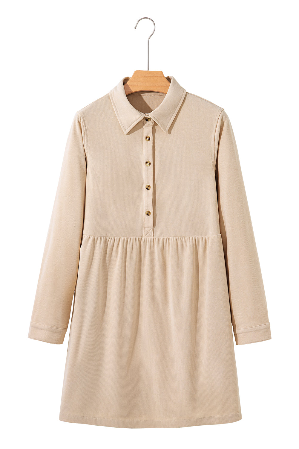 Oatmeal Corduroy Half Button Collared Long Sleeve Mini Dress