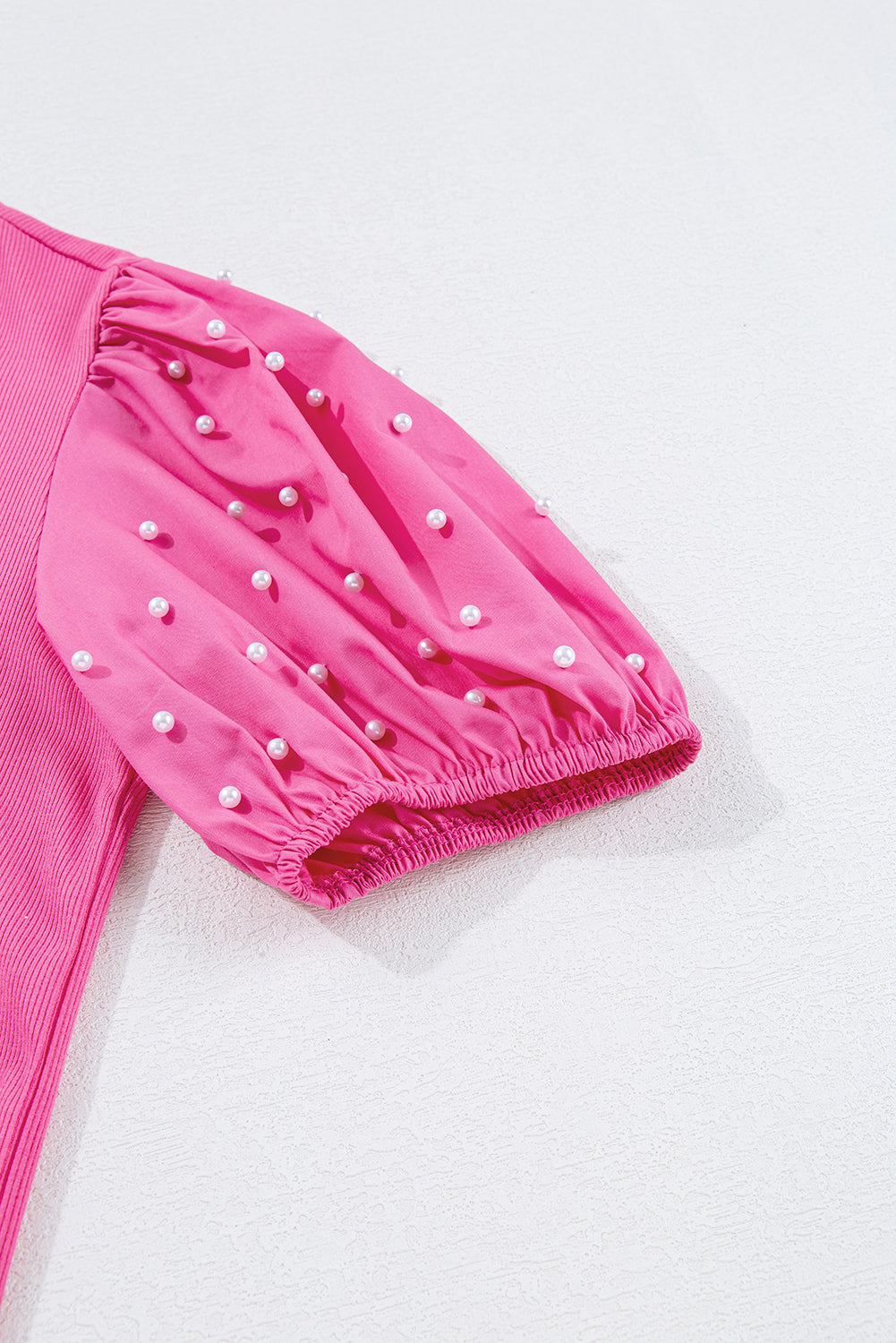 Bright Green Pearl Beaded Puff Sleeve Ribbed Top