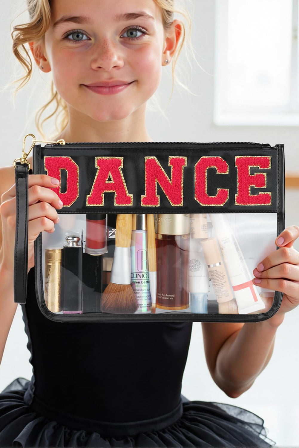 Bright Pink CHEER Chenille Letter Zipper Varsity Clear Makeup Bag