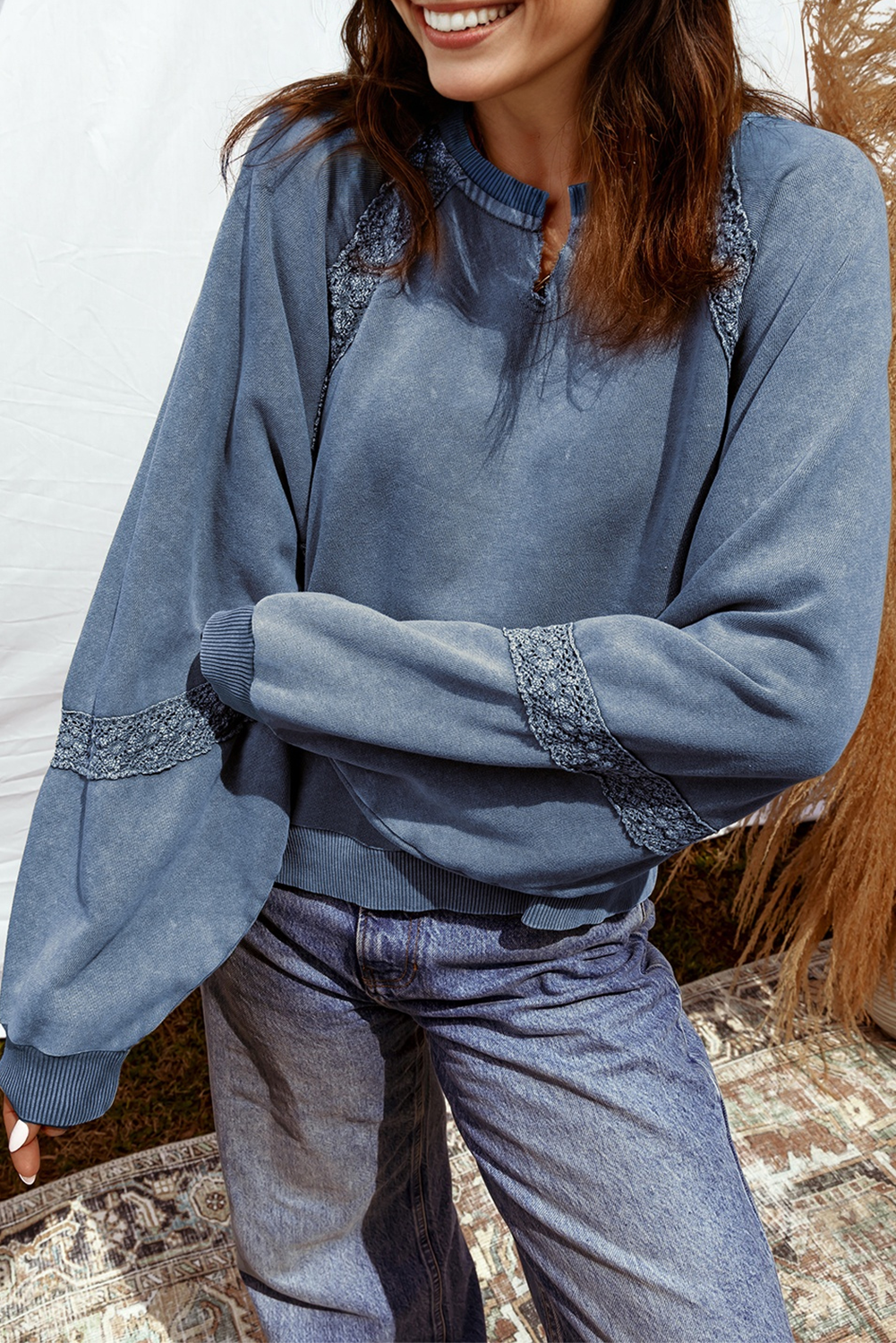 Sail Blue Lace Applique Notched Neck Mineral Wash Baggy Sweatshirt