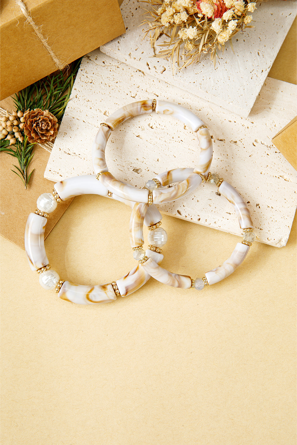 White 3pcs Boho Vintage Acrylic Beaded Bracelet Set