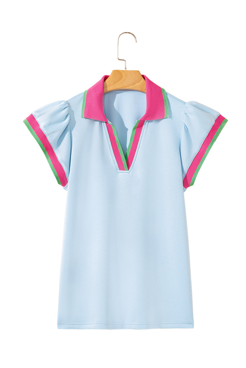 Beau Blue Pop of Color Collared V Neck Ruffle Sleeve Blouse