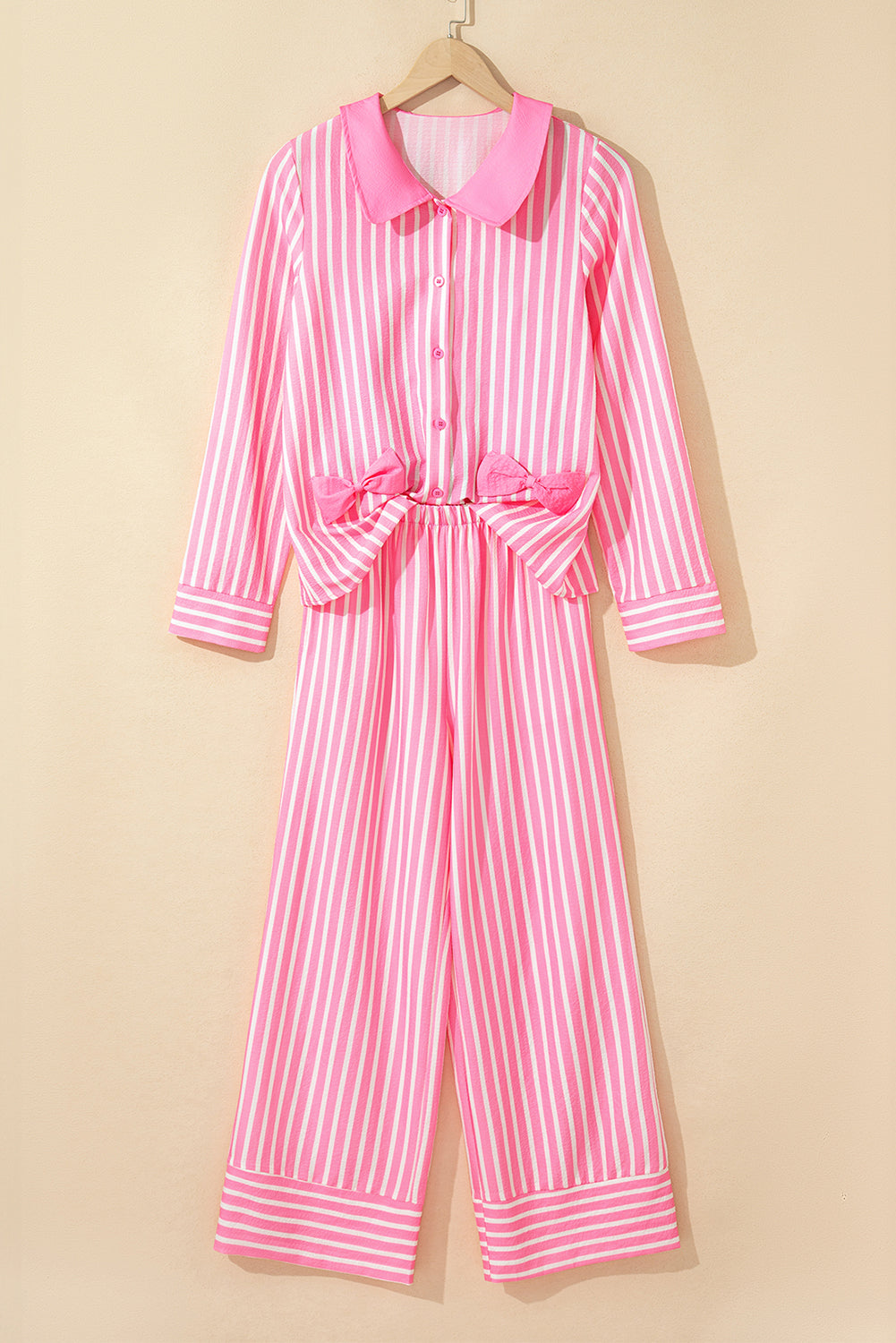 Pink Striped Sweet Bow Decor Peter Pan Collar Pullover Pants Pajama Set