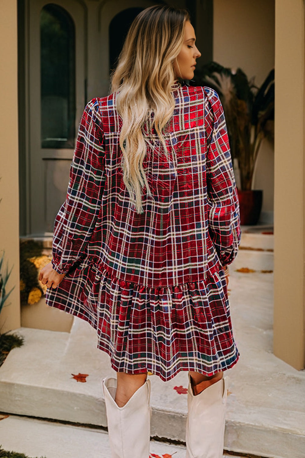 Red Plaid Print Frill Neck Long Sleeve Mini Dress