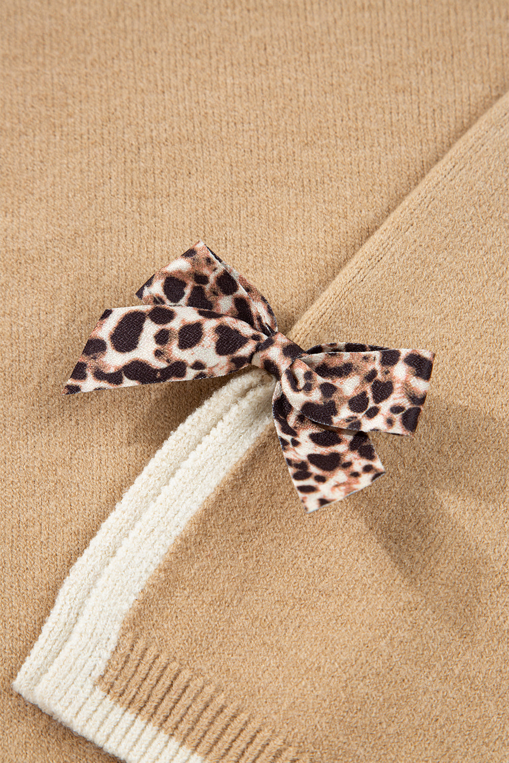 Tan Leopard Bow Decor Split Cuffs Contrast Trim Sweater