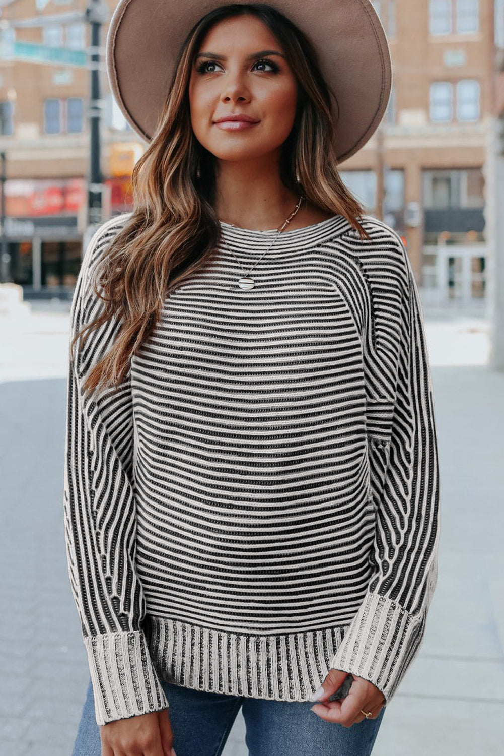 Black Striped Print Ribbed Knit Raglan Sleeve Baggy Sweater