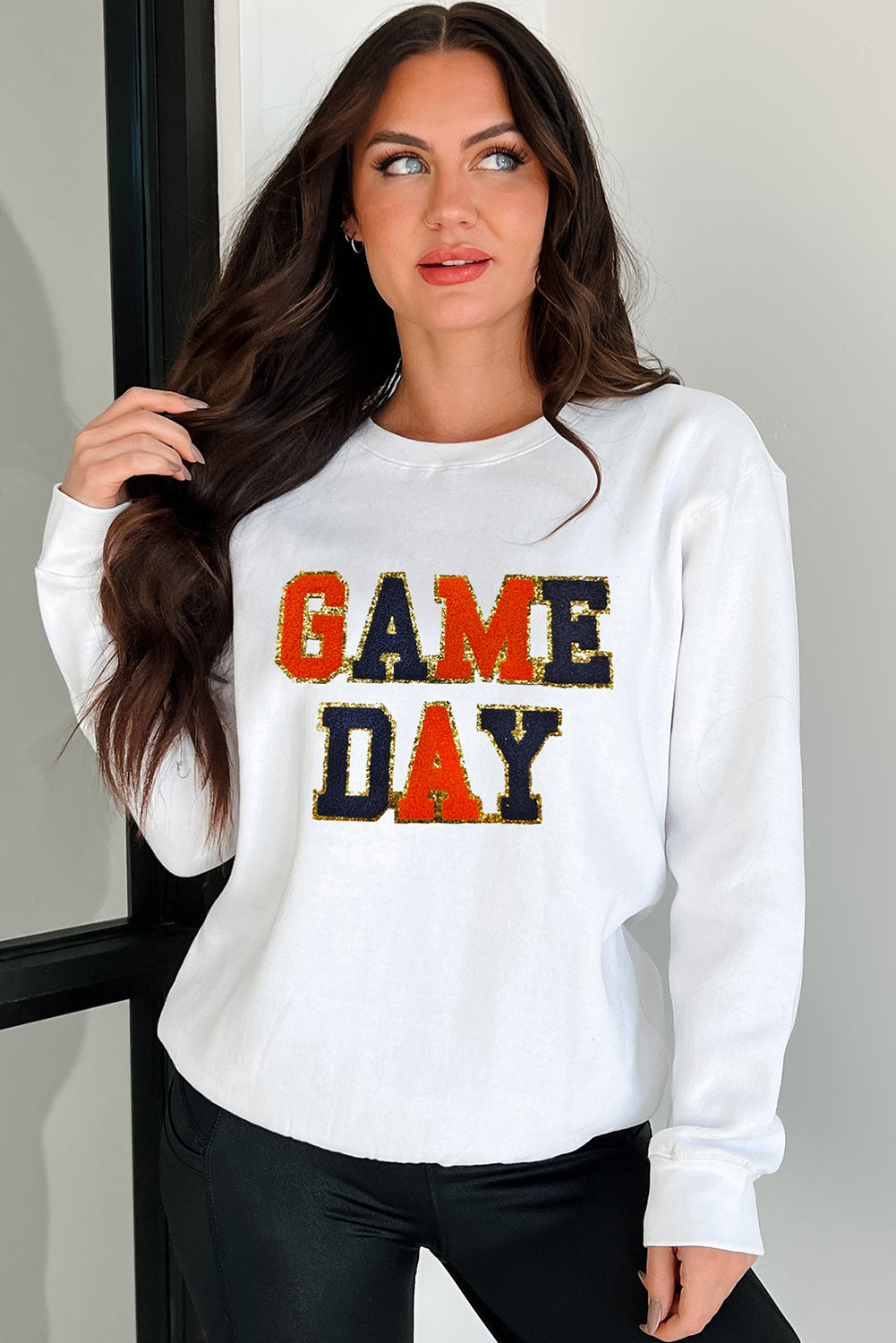 White Chenille GAME DAY Letter Terry Flocking Round Neck Sweatshirt