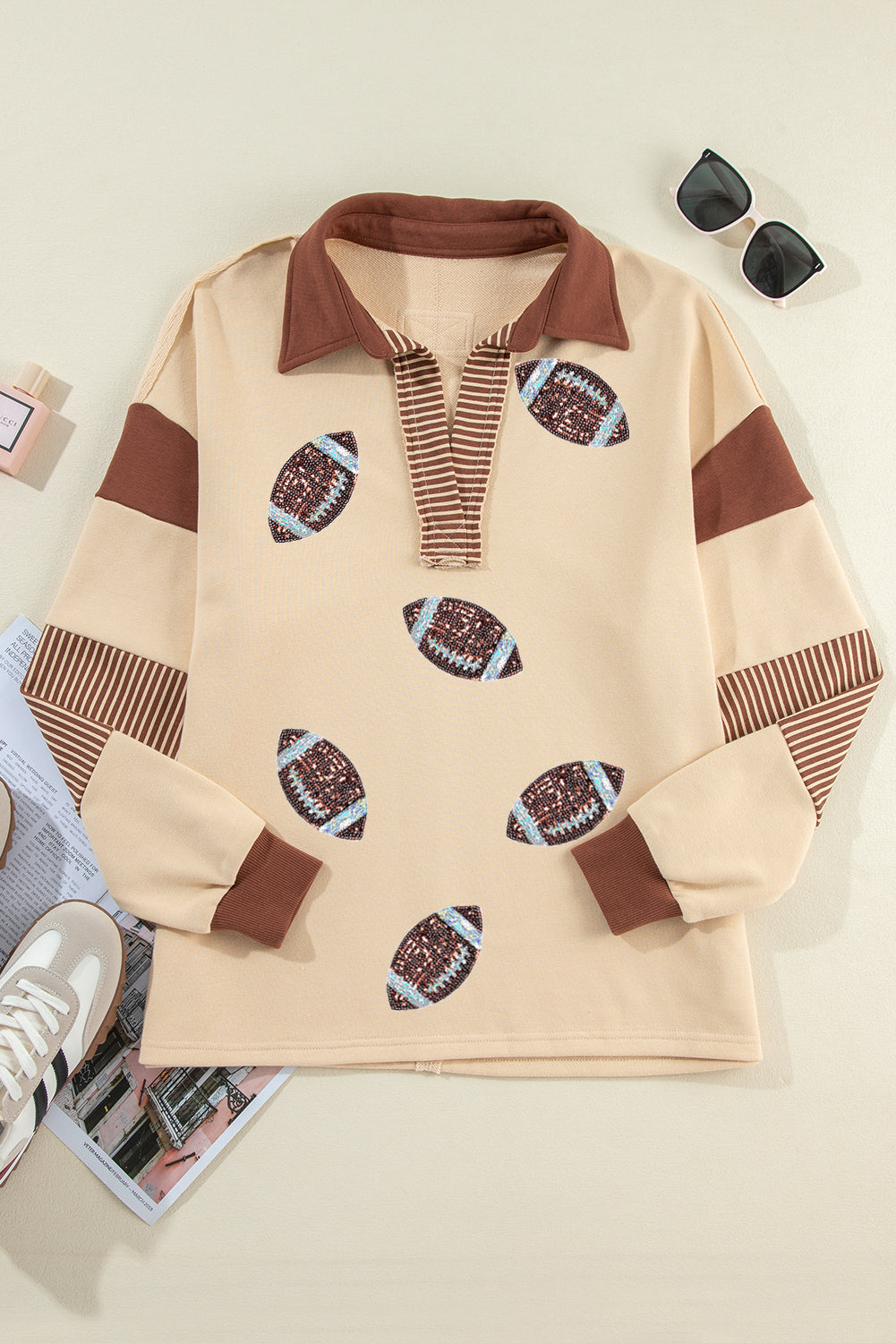 Light French Beige Football Sequins Patch Application Striped Patchwork Polo Sweatshirt