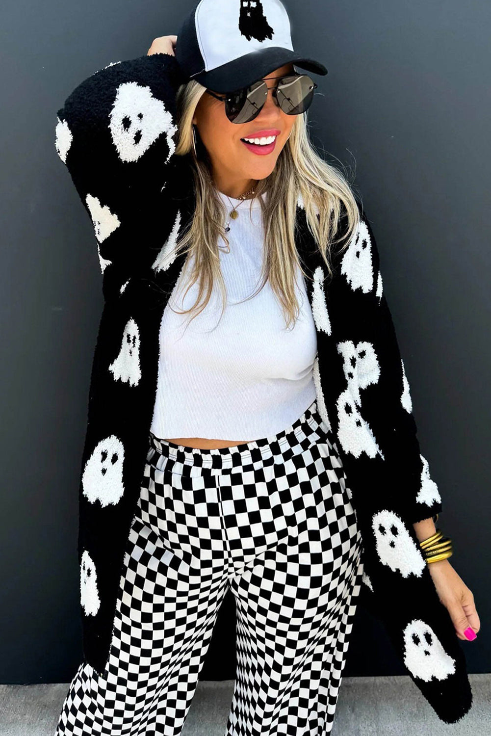 Black Halloween Plaid Ghost Pattern Mid length Knitted Cardigan