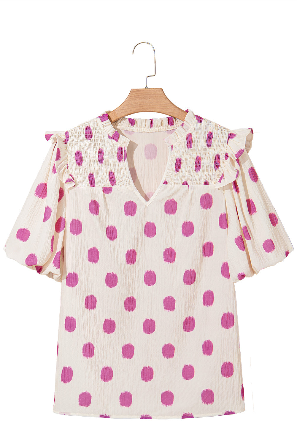Rose Polka Dot Print Shirred Notched Neck Puff Sleeve Blouse