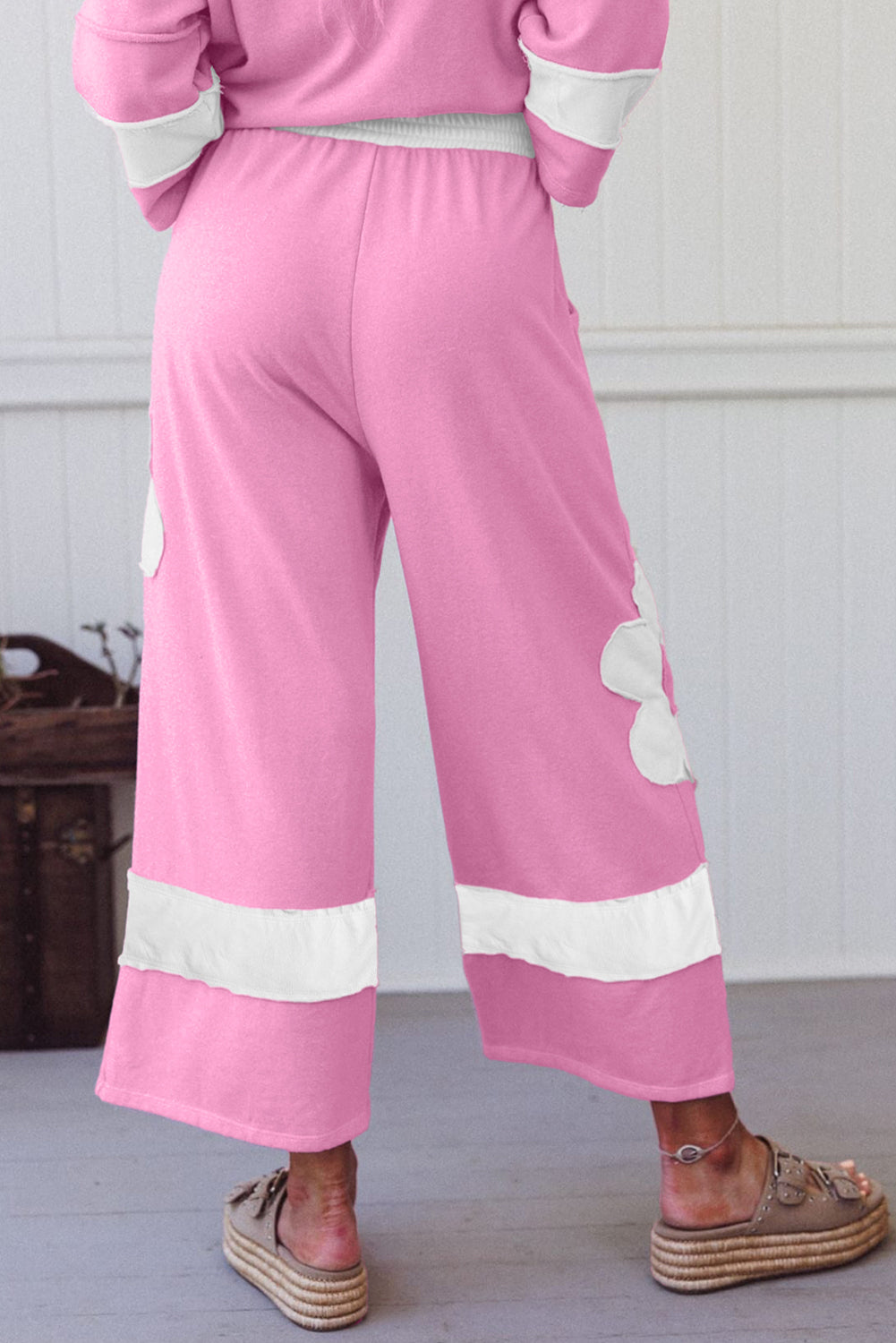 Orchid Bouquet Flower Patched Raw Seam Colorblock Loose Pants Set