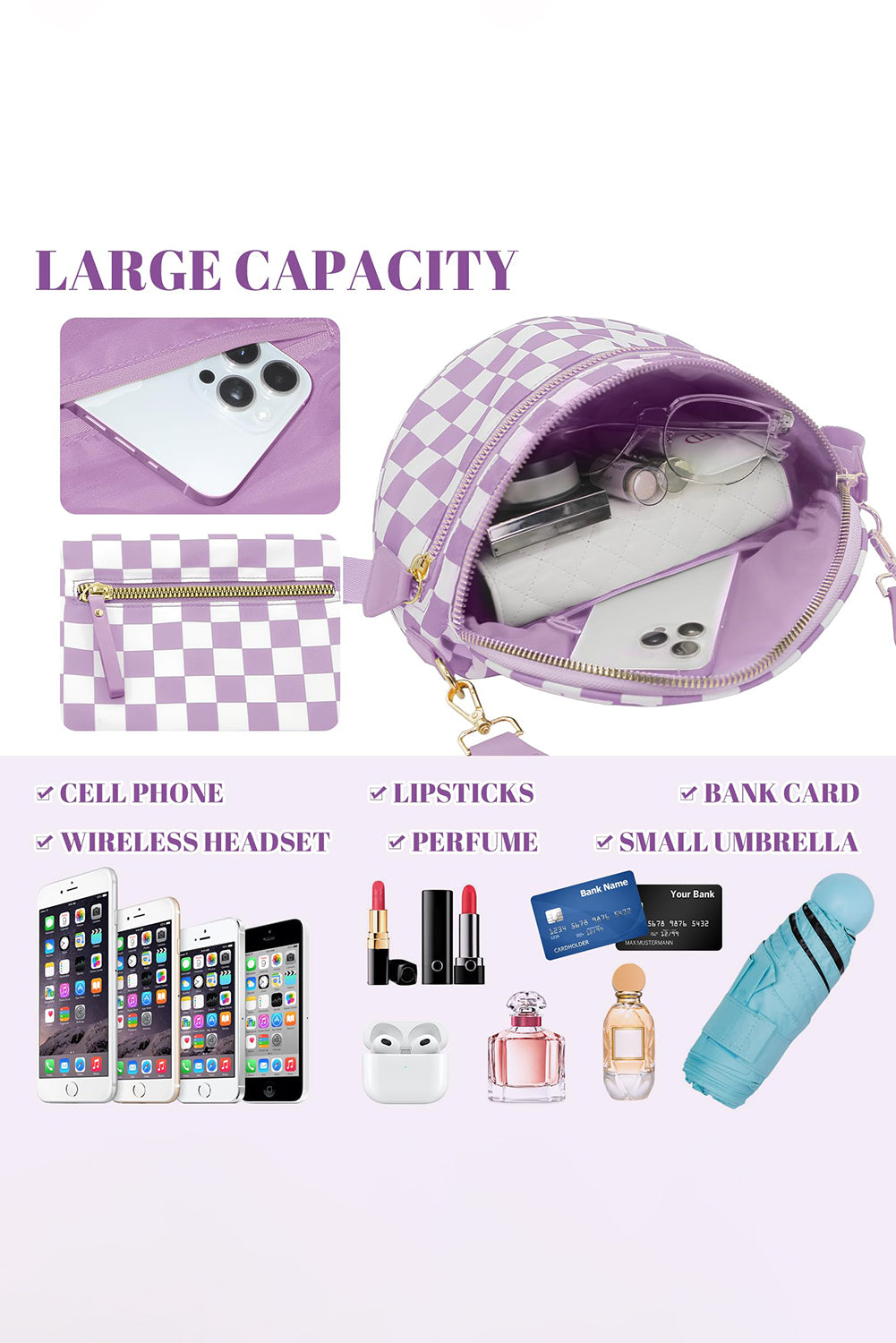 Pink Checkered Print Wide Strap Large Crossbody Bag