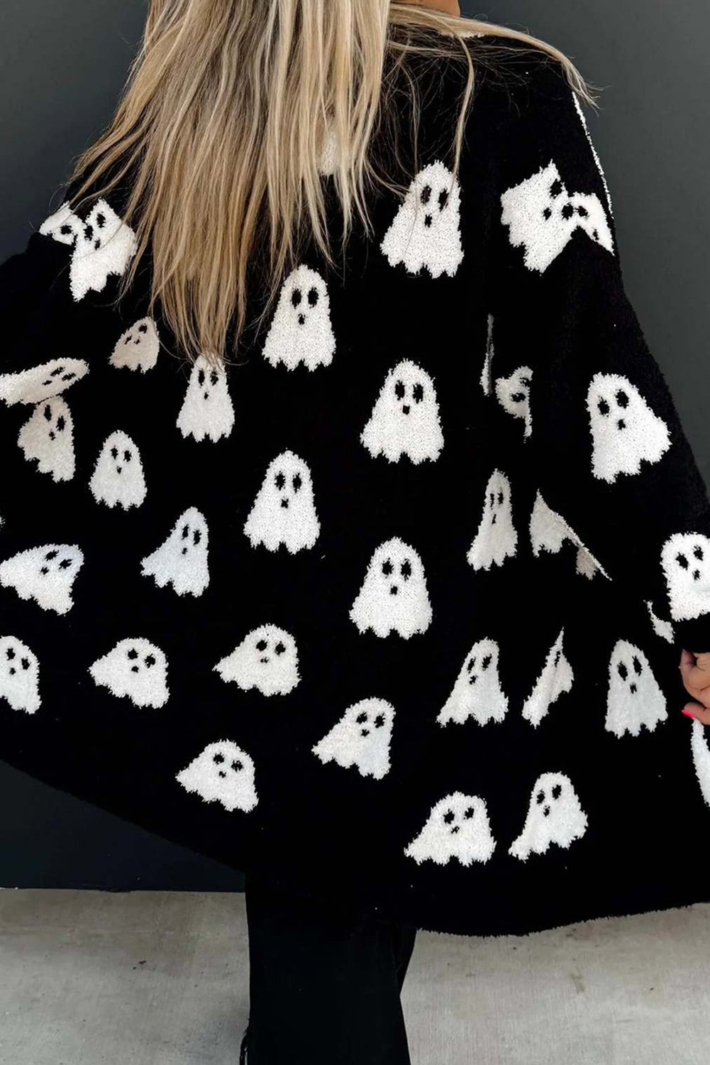 Black Halloween Plaid Ghost Pattern Mid length Knitted Cardigan