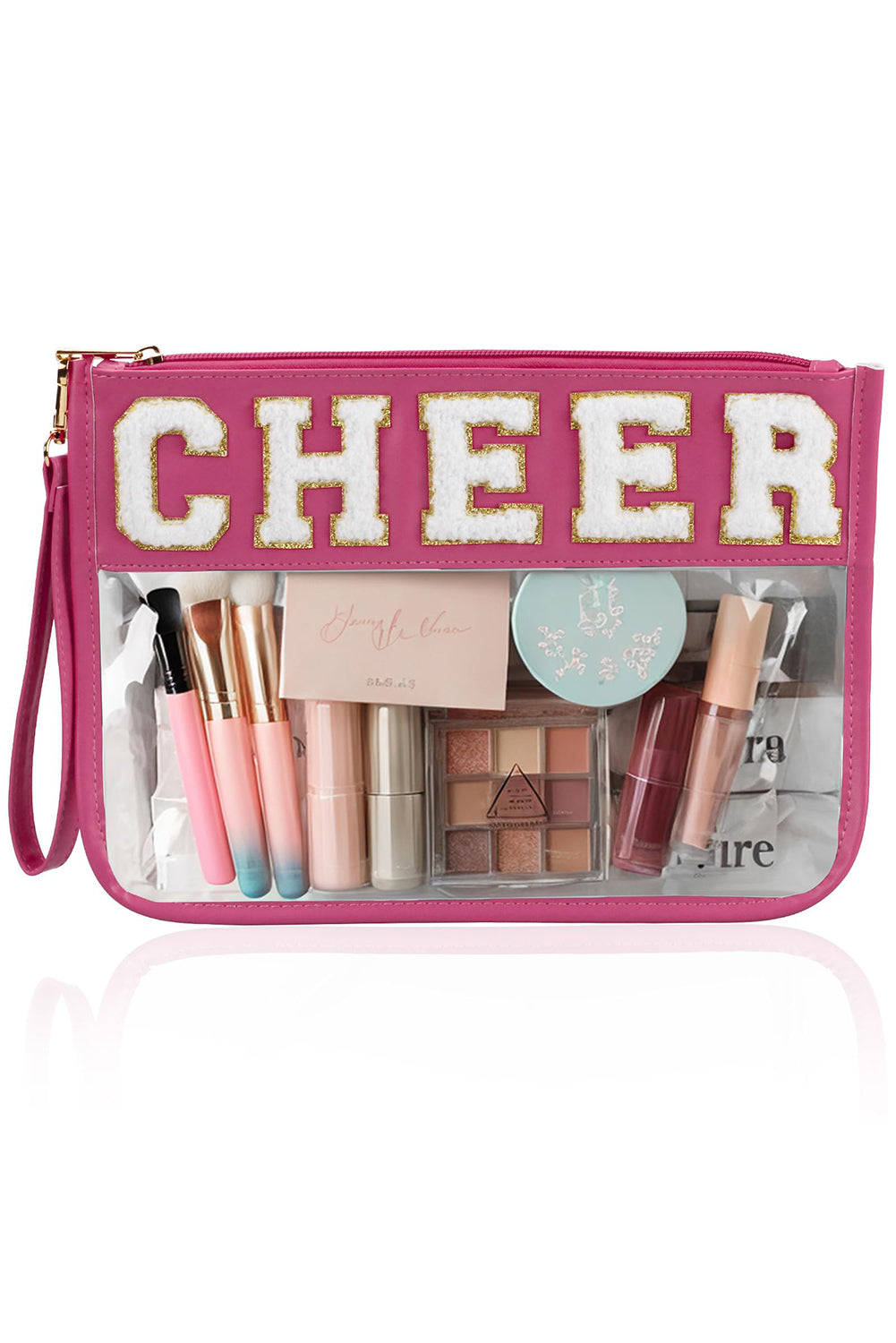 Bright Pink CHEER Chenille Letter Zipper Varsity Clear Makeup Bag