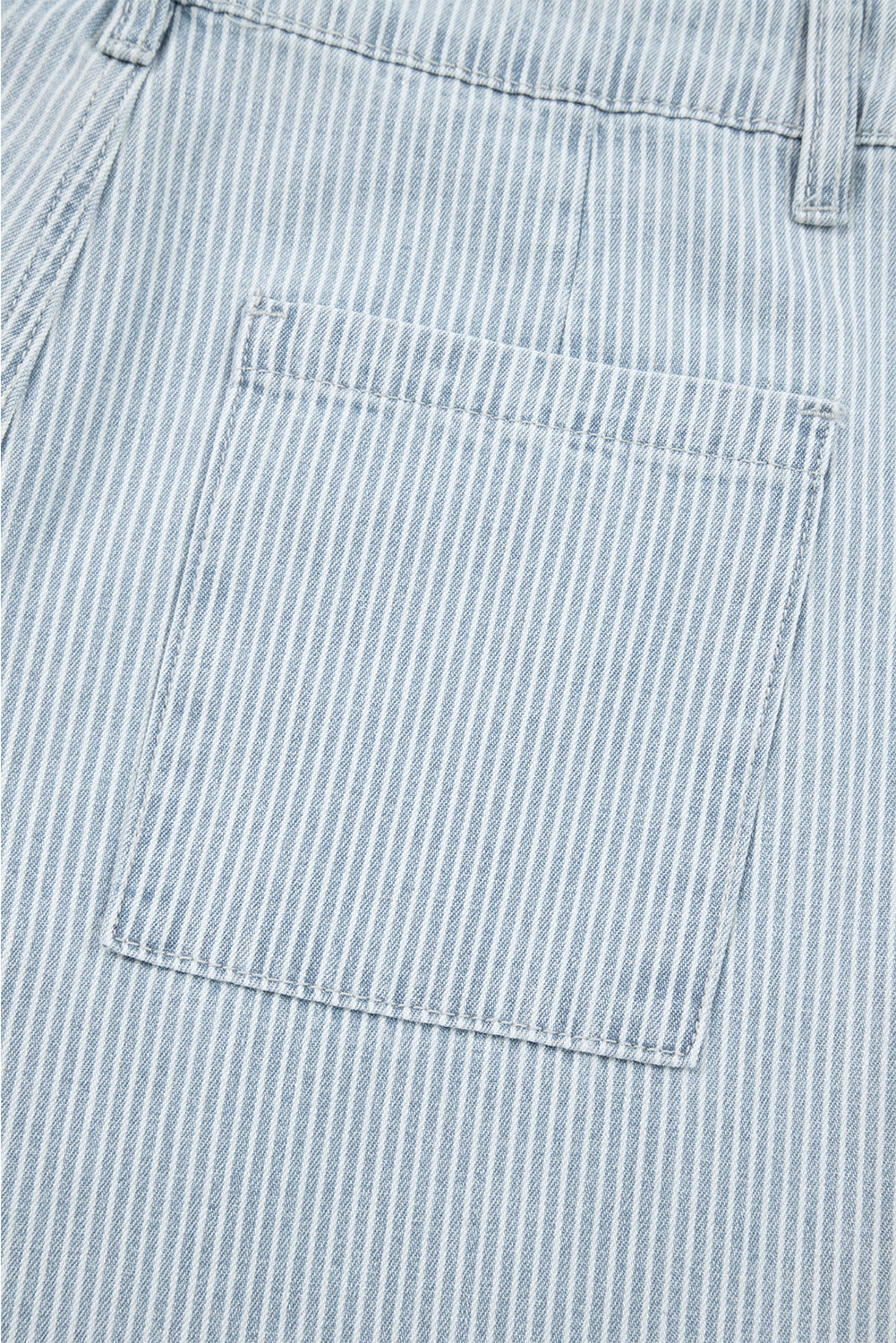 Sky Blue Striped Button Flap Pocket Cuffed Hem Wide Leg Jeans