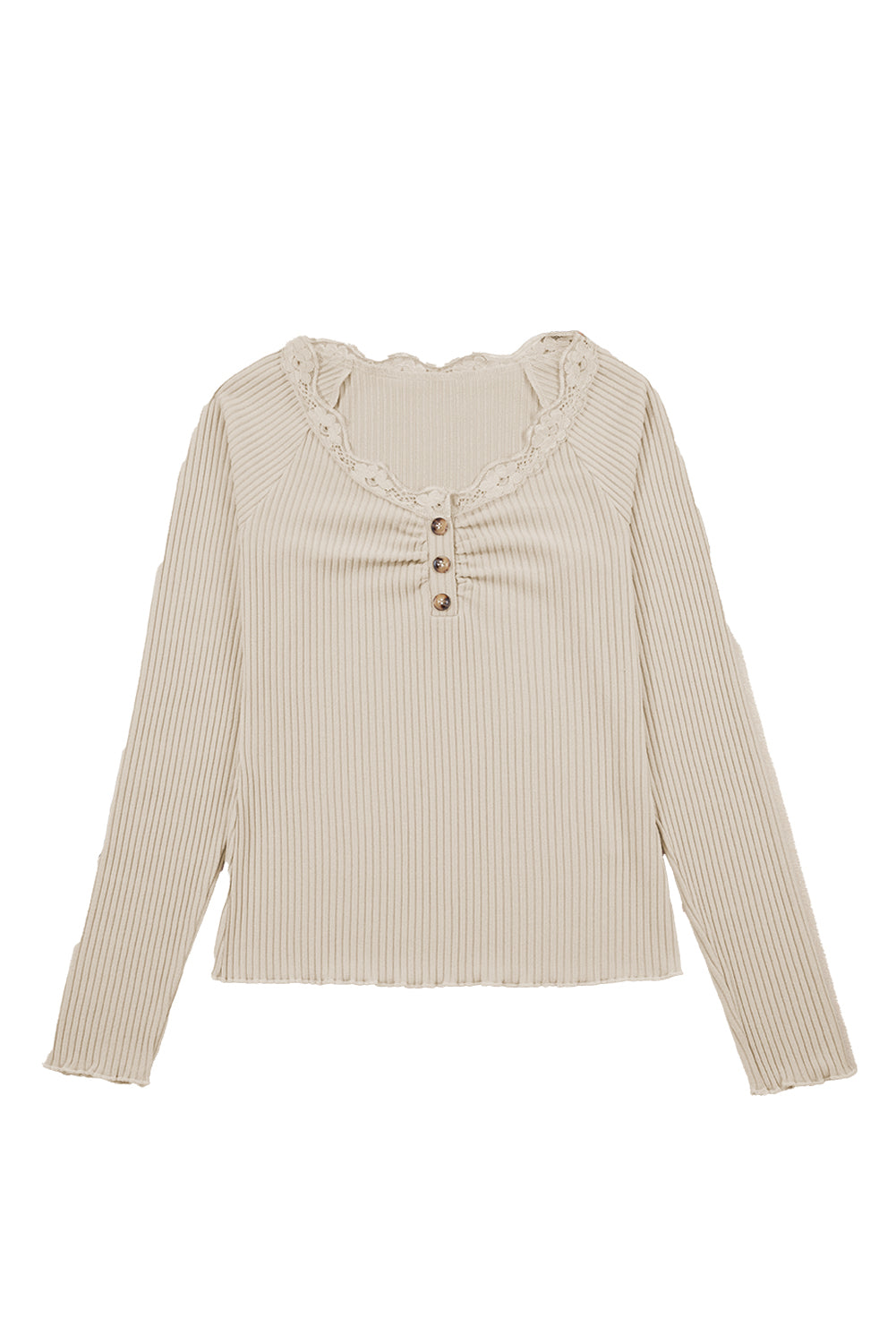 Beige Lace Neckline Button Decor Lettuce Edge Long Sleeve Ribbed Top